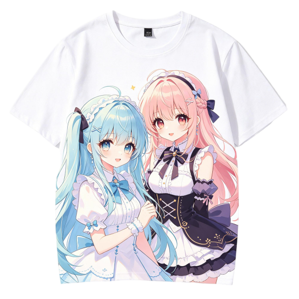 Blue & Pink Maid Anime Girls Graphic T-Shirt